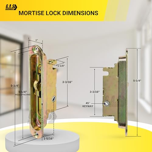 Sliding Door Mortise Lock and Trim Plate Keeper | 1" Wide Mortise Lock and Two Keepers with 5-1/4" Screw Holes with 45 Degree Keyway | Fix and Repair Patio Glass Door Latch Lock Set - size: Mortise Lock with Trimplate/Keepers