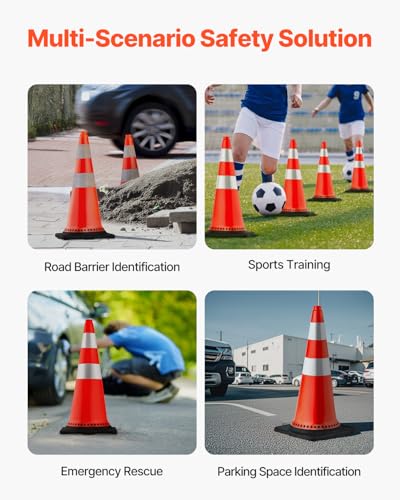 VEVOR Safety Cones, 8 Pack 30" Traffic Cones, PVC Orange Construction Cones with Reflective Collars and Black Weighted Base, for Traffic Control, Driveway Road Parking and School Improvement - size: 30''