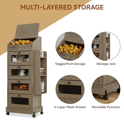 ARTETHYS Potato Storage Bin 5-Tier Rolling White Bread Box with Side Rack - color: Gray
