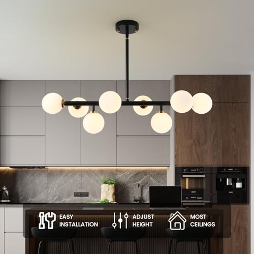 Sputnik Black and Gold Chandelier Pendant Linear Light Modern Mid Century Light Fixture White Globe Shade for Dining Living Room Kitchen Island 8-Light - color: BlackGold-31in