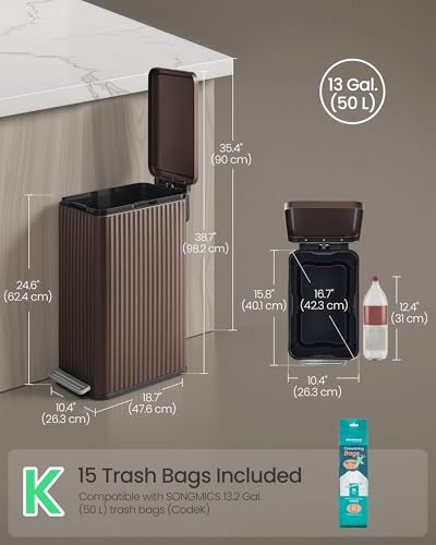 SONGMICS Trash Can, 13 Gallon (50 L) Slim, Stainless Steel, with Lid, Pedal - color: Brown, size: 13 Gallon (Slim)
