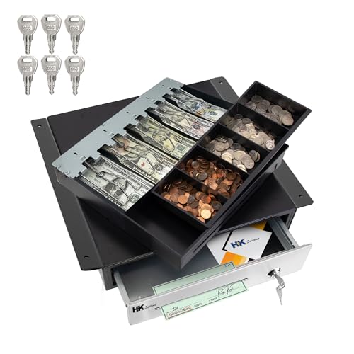 HK SYSTEMS 16""Stainless Steel" Front Heavy Duty Black POS Cash Drawer with 5Bill/5Coin with Under Counter Mounting Metal Bracket and Till Cover - size: 03.16" POS+Bracket+Till Cover