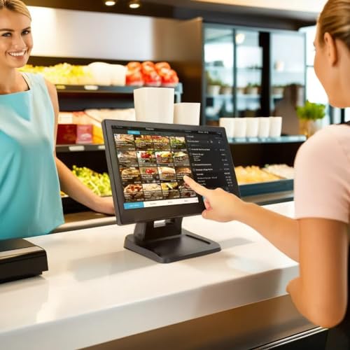 ANGEL POS 15.6 Inch 1920 x 1080 FHD IPS Touchscreen POS Monitor with Metal Stand, 10 Points Touch HDMI VGA, Waterproof Dustproof Screen 1080P, Indusitrial, Office, Retail, Gym, Warehouse (Black) - color: Black