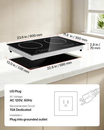 VEVOR 24in 2-Burner Electric Cooktop Built-in Stove Top, Touch Control, 9 Levels, Timer, Child Lock, Single-Ring Ceramic, Portable/Built-in, 110V 1800W US Plug - size: 24 IN+2 Burner+Touch