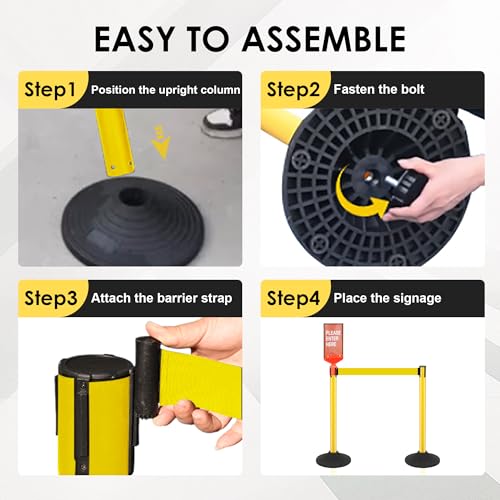 12 Pack Stanchions with Retractable Belts - Heavy Duty Crowd Control Barriers with Weighted Rubber Base, Retractable Belt Stanchions for Queue Line, Events, Public Safety(Yellow，12 Pack） - color: Yellow - 12 Pack, style: Round Base