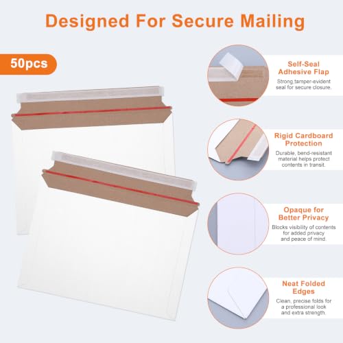 50 Pack Rigid Mailers 13.5x9.1 Inches White Cardboard Envelopes Self Seal Stay Flat Mailer for Photos Documents Papers Files Certificates