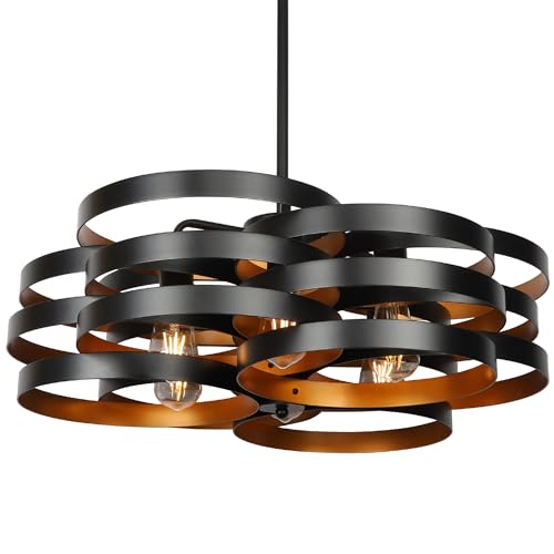 CNRATYE 6-Light Modern Farmhouse Chandeliers for Dining Room, Rustic Multiple Rings Pendant Lighting, Industrial Metal Round Chandelier for Kitchen Entryway, Black with Gold Interior - size: 6-Light