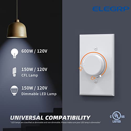 ELEGRP Rotating Dimmer Switch for Dimmable LED, CFL and Incandescent Light Lamp Bulbs, Single Pole or 3-Way Rotary Dimmer Switch, Wall Plate Included, UL Listed (1 Pack, Glossy Whack) - color: White