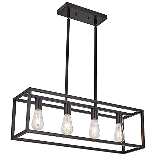 Farmhouse Rectangle Chandeliers for Dining Rooms, Modern Linear Hanging Light Fixture Matte Black 4-Light Industrial Pendant Lighting for Kitchen Island - color: Black, size: 4 Lights