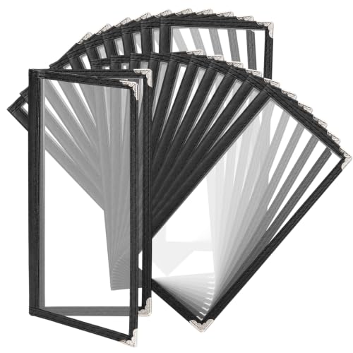 SHUESS 20 Pcs Menu Covers, 11 X 4.5 Inch 2 Page 4 View Restaurant Menu Covers with Clear Plastic Sleeves, Loose-Leaf Leather Order Holder with Leather Edges and Metal Clips for Restaurant, Bars, Café