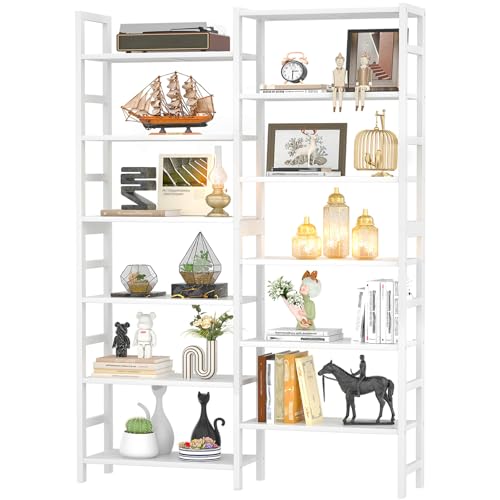 Homykic 72.5” Tall Bamboo Bookshelf White, 6-Tier Double Wide Open Bookcase - color: White, size: Double Wide
