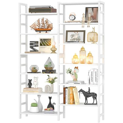 Homykic 72.5” Tall Bamboo Bookshelf White, 6-Tier Double Wide Open Bookcase - color: White, size: Double Wide