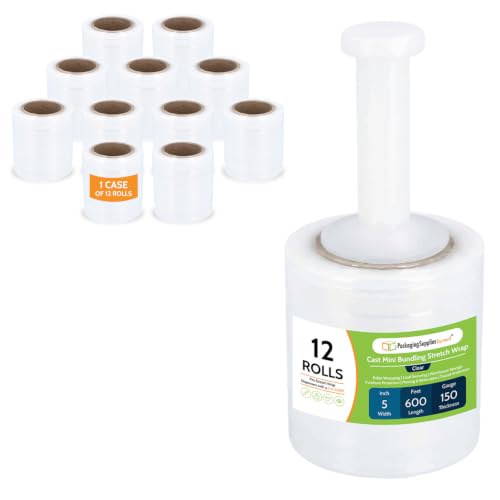 PSBM Mini Stretch Wrap with Plastic Handle, 12 Rolls 5 Inch x 600 Feet 150 Gauge Heavy Duty Clear Plastic Wrap Industrial Strength Shrink Film for Moving, Packing & Shipping - size: 5 Inch, style: 150 GA