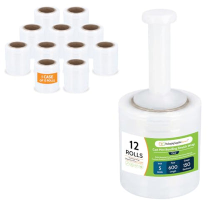 PSBM Mini Stretch Wrap with Plastic Handle, 12 Rolls 5 Inch x 600 Feet 150 Gauge Heavy Duty Clear Plastic Wrap Industrial Strength Shrink Film for Moving, Packing & Shipping - size: 5 Inch, style: 150 GA