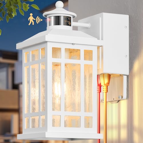 White Motion Sensor Outdoor Lights with GFCI Outlet, Distance and Time Adjustable Exterior Lighting Fixtures, Dusk to Dawn Outside Light for House, Porch, Garage, 5 Modes, Waterproof, Anti-Rust - color: White, size: Motion Sensor 1-Pack