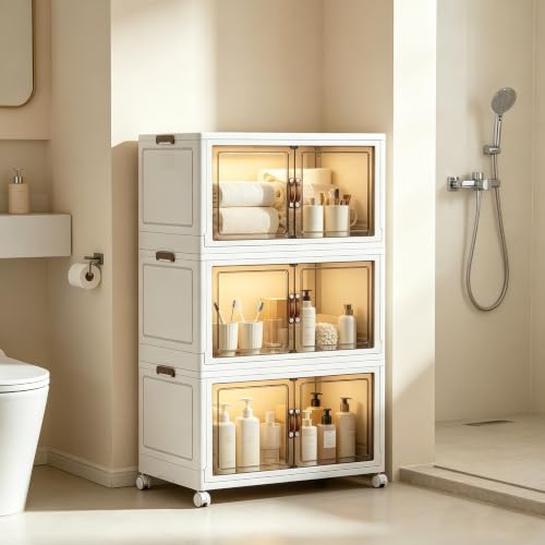 213.9QT Collapsible Stackable Storage Bins, Magnetic Doors with Lockable Wheels, Foldable Plastic Organizer Cubes, 3 Pack for Bedroom Kitchen Dorm Office Garage - size: 3PACK-23.62"W14.02"D40.16"H