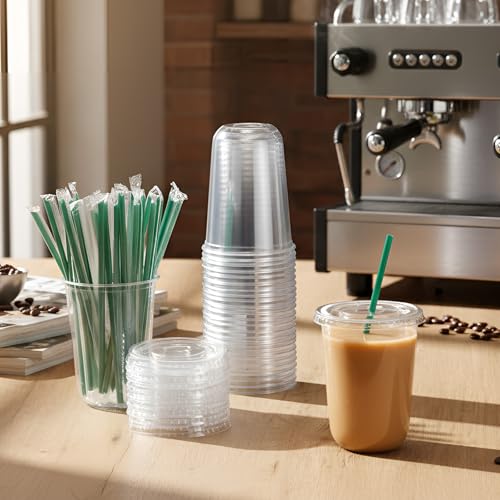 Ziliny 50 Pack 16 oz Plastic Cups with Lids Straws Iced Coffee, Green - color: Green, size: 16 oz