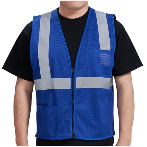 AYKRM 2 Pocket Mesh High Visibility Reflective Safety Vest for men & Women ANSI/ISEA 107 Standards - color: Blue, size: Small