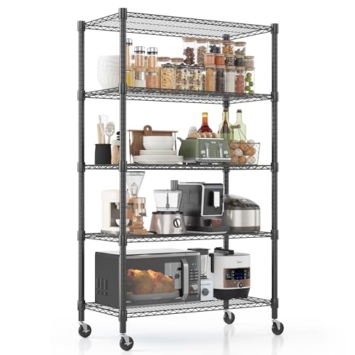 Homdox Heavy Duty Storage Shelves, 5 Tier Wire Shelving Unit with Wheels, Commercial Adjustable Metal Shelves for Storage, Garage Rack Pantry Shelves Kitchen Shelving, 18"x36"x82", Black - color: Black, size: 18"Dx 36"Wx 82"H, 5 Tier
