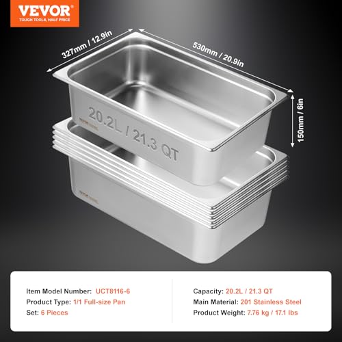 VEVOR 6 Pack Hotel Pans, Full Size 0.8mm Thick 6-Inch Deep Commercial Stainless Steel Restaurant Steam Table Pan, Catering Storage Food Pan, for Industrial & Scientific - size: 1/1 Size, style: 6 Inch Deep Thickened