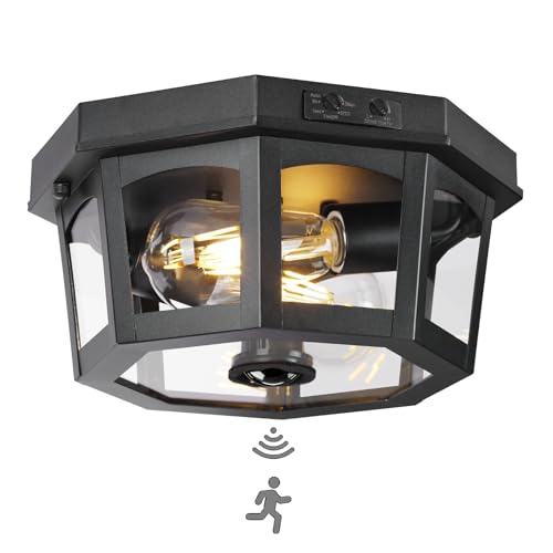 Outdoor Ceiling Light Fixture, Motion Sensor Flush Mount Porch Lights, Exterior Dusk to Dawn Lamp with Activated Detector, Modern Waterproof Lighting for Garage, Entryway, Patio, Front Door - color: Black