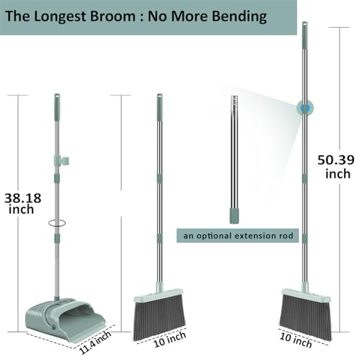 Upgrade Broom and Dustpan Set, Large Size and with Long Handle, Upright,Ideal for Indoor Outdoor Garage Kitchen Room Office Lobby Use (Green) - color: Green