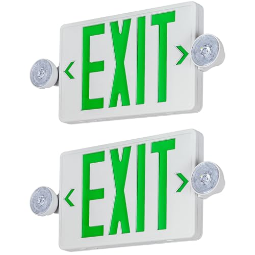 Green LED Exit Sign Emergency Light Combo UL, 2 Pack - color: White Housing+Green Letter+Light, size: 2 Pack