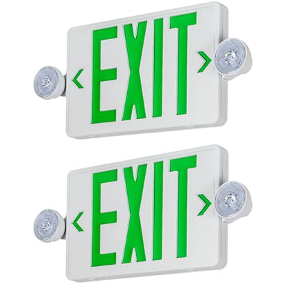 Green LED Exit Sign Emergency Light Combo UL, 2 Pack - color: White Housing+Green Letter+Light, size: 2 Pack