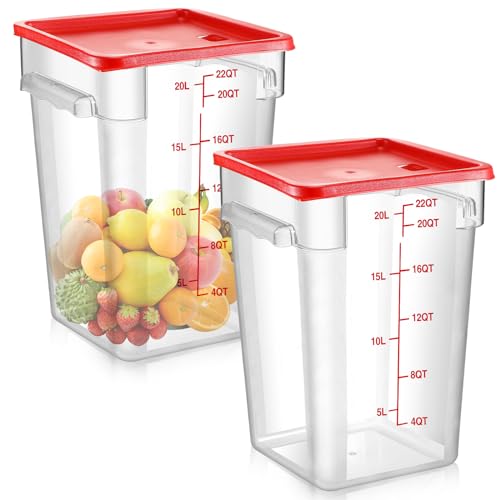 Suclain 2 Pcs Square Food Storage Container Polycarbonate Clear Food Container with Lid Commercial Rice Storage with Graduations for Commercial Kitchen(22 Qt,Red) - color: Red, size: 22 Qt