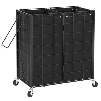 WOWLIVE Double Laundry Hamper with Wheels, Metal Rolling Laundry Basket - color: Black, size: 120l