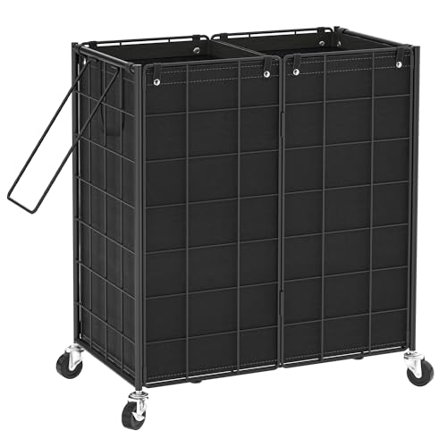 WOWLIVE Double Laundry Hamper with Wheels, Metal Rolling Laundry Basket - color: Black, size: 120l