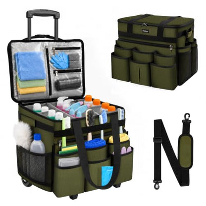 Large Rolling Cleaning Caddy Bag with Telescoping Cart, Green - color: Green