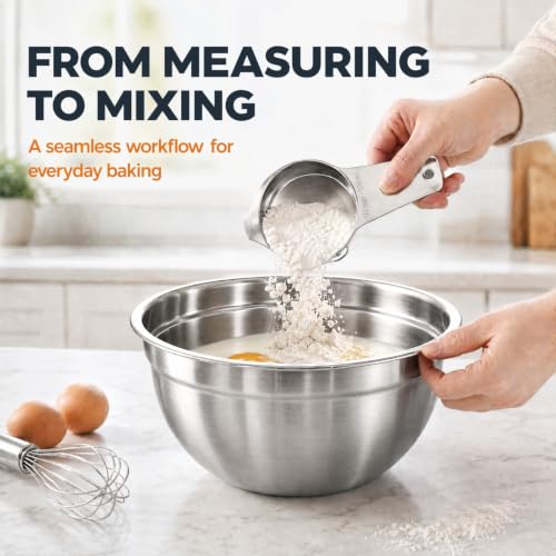 28PCS Mixing Bowls with Airtight Lids Set, Stainless Steel Nesting Prep Bowls with 7 Measuring Cups & 14 Measuring Spoons for Cooking, Baking, Serving, Food Storage, Size 5.5/3.5/2.5/2/1.4/1/0.62QT - size: 7+7+14 - Bowls & Cups & Spoons