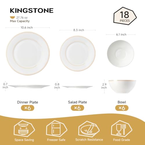 KINGSTONE 18Pcs Gold Trim White Bone China Set, Service for 6 - color: White-gold trim, size: service for 6-18pcs