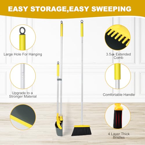 Broom and Dustpan Set with 54 Inch Long Handle - Perfect Dust Pan and Brush Combo for Home Efficient Cleaning (Yellow and Grey) - color: Yellow and Grey