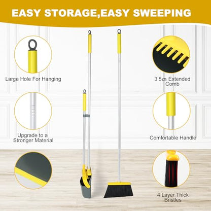 Broom and Dustpan Set with 54 Inch Long Handle - Perfect Dust Pan and Brush Combo for Home Efficient Cleaning (Yellow and Grey) - color: Yellow and Grey