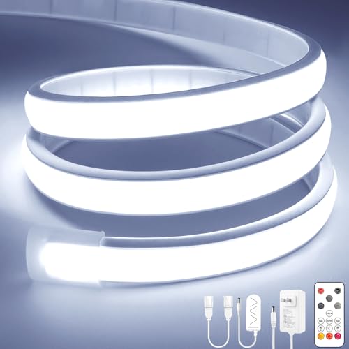 Lamomo COB LED Strip Lights, 32.8Ft White Dimmable Self-Adhesive Led Rope Light with Remote, Flexible Cuttable Waterproof 6000K Silicone Neon Tape Light for Bedroom,Indoor, Cabinet, 10mm Width - color: Cool White, size: 32.8Ft
