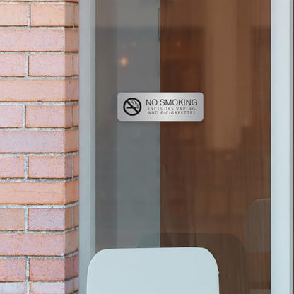 Silver No Smoking Includes Vaping And E-Cigarettes Sign / 3" x 9" Easy Adhesive Indoor Wall Sign/Hotel Restaurant Small Business Alternative Door Mount Notice/Made In The USA - color: Silver, style: No Smoking or Vaping