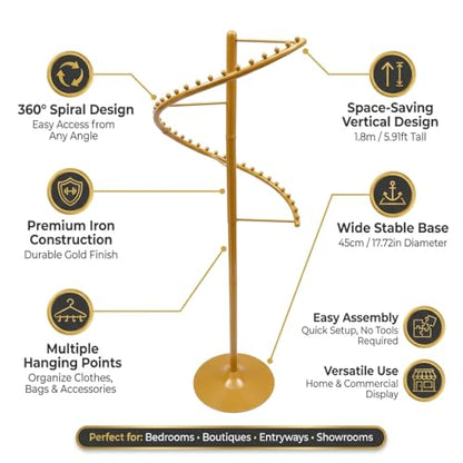 Spiral Rotating Clothing Rack, 5.91ft H 38-Ball Heavy Duty Garment Rack, Space Saving Standing Metal Sturdy Freestanding Hanger for Boutique Bedroom (Gold) - color: Gold
