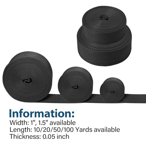 Polypropylene Webbing 1 Inch 1.5 Inch Poly Strapping - color: Black, size: 1.5 inch x 20 yards