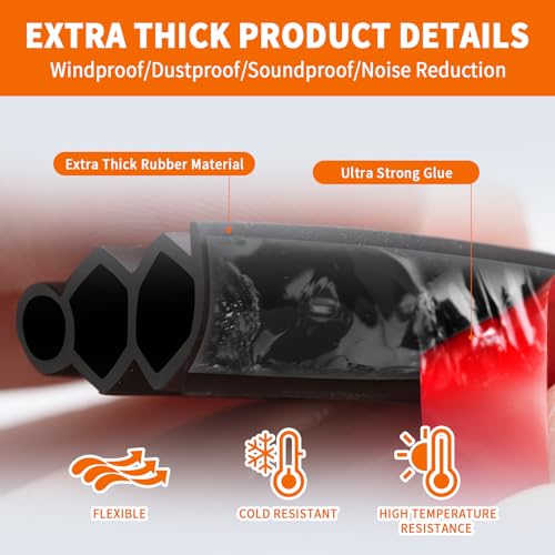 40 Feet Self-Adhesive Rubber Weather Stripping Fits Big Gaps, Extra Thick Rubber Door Weather Stripping Door Seal Strip for Door Frame Door Insulation Strip Waterproof(Black) - color: Black