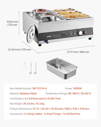 VEVOR Electric Soup Warmer, Two 6.34QT Pots & Three 1/3 Pans, Stainless Steel Commercial Food Warmer with 86~185°F Adjustable Temp, 1500W Bain Marie, Soup Station for Restaurant, Buffet - size: 2×6L Pots and 3×1/3 Pans