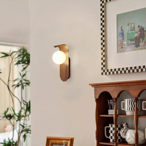 Mid Century Wall Sconce Walnut Texture Glass Globe Wall Lighting Wood Industrial Farmhouse Wall Light Bedside Indoor Retro Industrial Wall Mounted Lamp for Living Room Bedroom Bathroom - color: Brown
