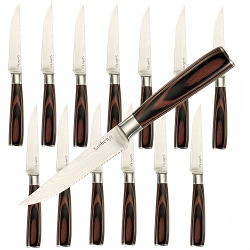 Steak Knives Set, 6/8/14 Piece Options, German High Carbon Stainless Steel, 5cr15MoV steel, Wood Handle,Full Tang Design,serrated Meat Knife, Sharp Dinner Knives (14PCS)