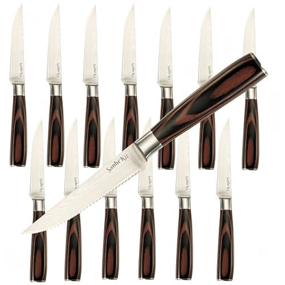 Steak Knives Set, 6/8/14 Piece Options, German High Carbon Stainless Steel, 5cr15MoV steel, Wood Handle,Full Tang Design,serrated Meat Knife, Sharp Dinner Knives (14PCS)