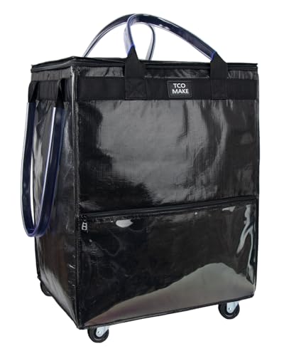 Large Black Reusable Grocery Bag on Wheels, Folding Rolling Tote - color: Black, size: Large