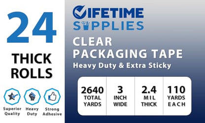 Lifetime Supplies 24 Rolls | 2.4 mil Clear | 110 Yards | 3" Premium Packing Tape, Heavy Duty Packaging Tape for Shipping Moving Eccomerce - Stronger Thicker