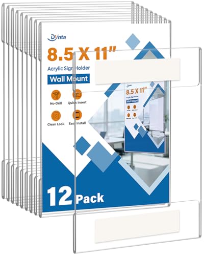 Dynta 12 Pack Acrylic Sign Holder 8.5 x 11 with Double Sided Adhesive Tape, Plastic Sign Holder Wall Mount, Memo Document Flyer Brochure Menu Holder for Display