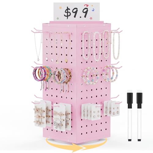 Rotating Pegboard Display Stand with 24 Hooks, Tabletop Metal Peg Board Shelf for Retail, Vendors, Selling & Shows, 4-Sided Craft Rack Organizer for Accessories, Jewelry (Pink) - color: Pink-rotating