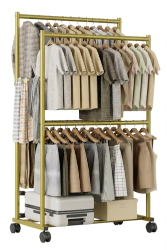 Clothes Rack 36.2" x 21.3" x 72", 4-Bar Double Rod Rolling Metal Clothing Rack for Hanging Clothes, Portable Garment Rack with Wheels for Bedroom Laundry, Closet Wardrobe, Gold - color: Gold, size: 36.2" x 21.3" x 72"